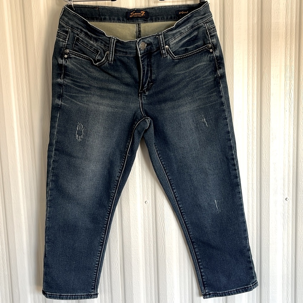 SEVEN7 Girlfriend Medium-Dark Blue Cropped Ankle  Distressed Jeans Womens 6‎